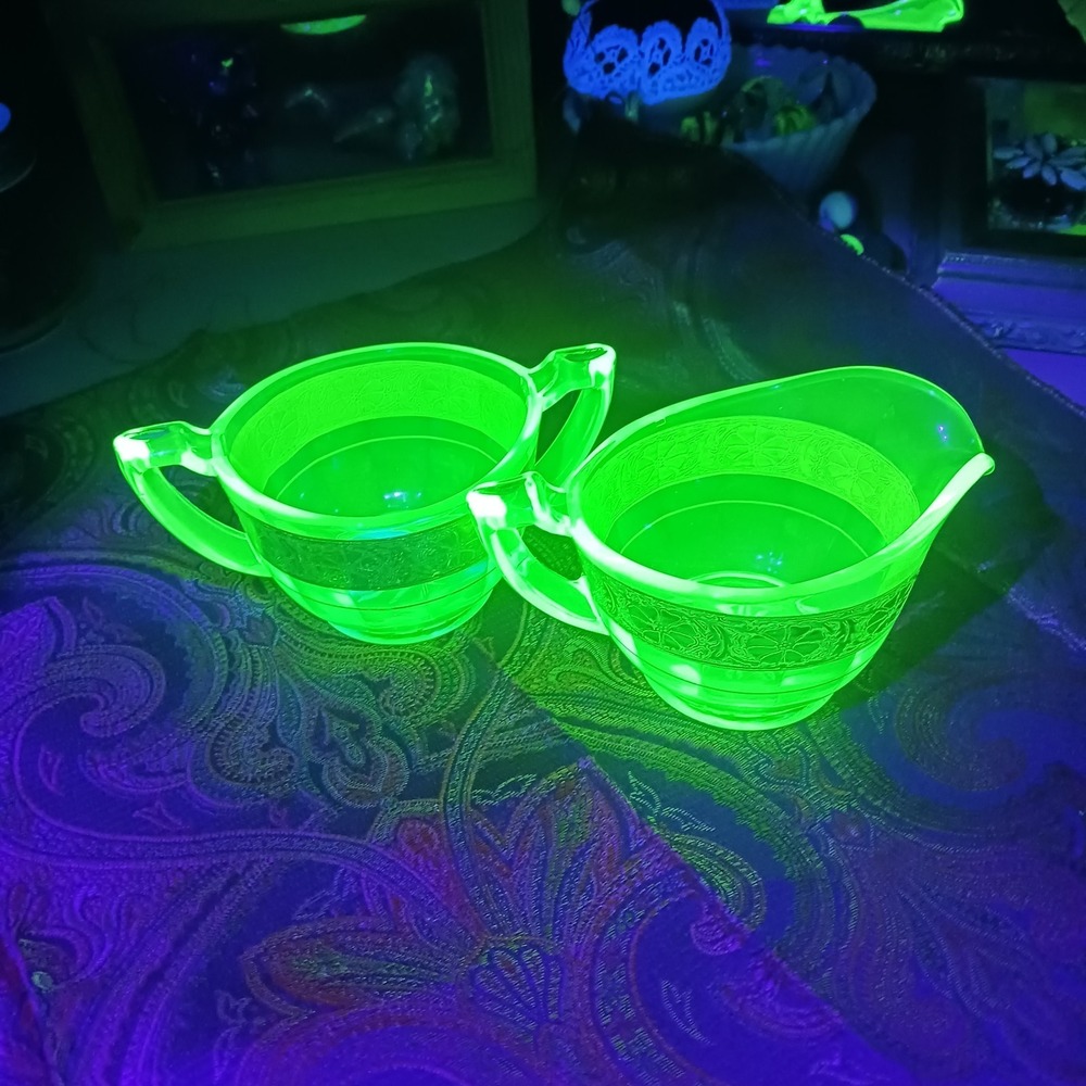 Vtg Green Uranium Glass Creamer & Sugar Bowl Floral w Gold Gilt